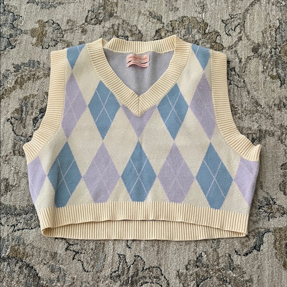 Urban Outfitters Cream purple and Blue Argyle V-Neck Sweater Vest